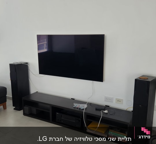 טלוויזיה תלויה על הקיר עם כבלים חשמליים